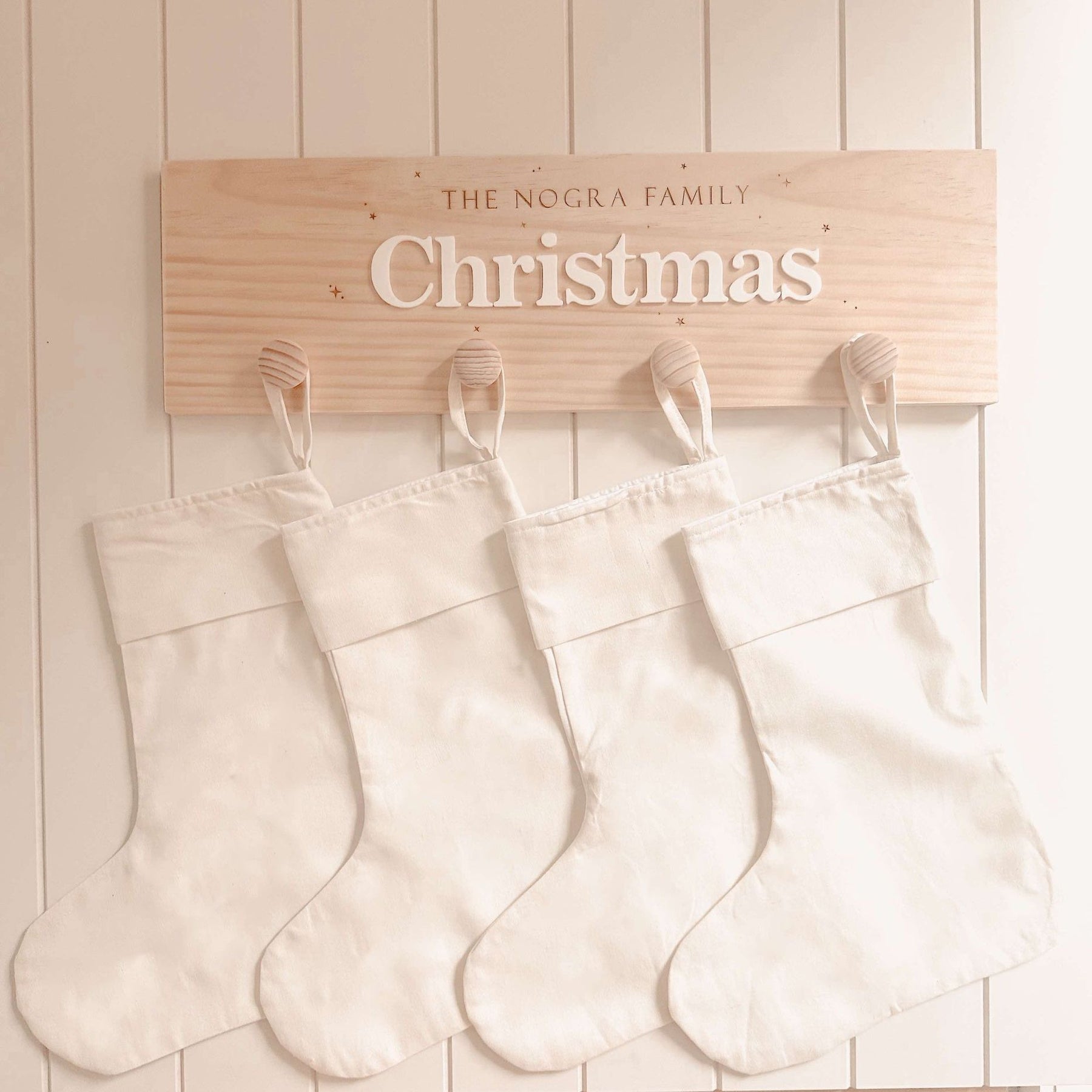 Linen Christmas Stocking with Personalised Acrylic Tag