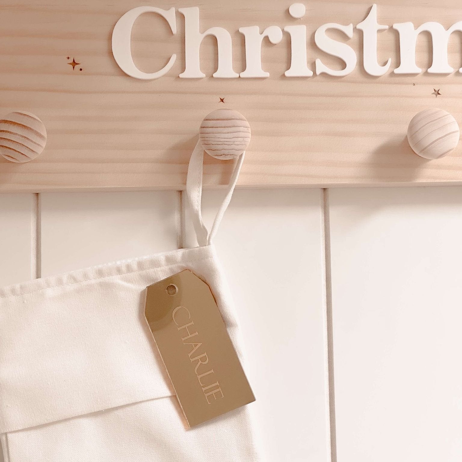 Linen Christmas Stocking with Personalised Acrylic Tag