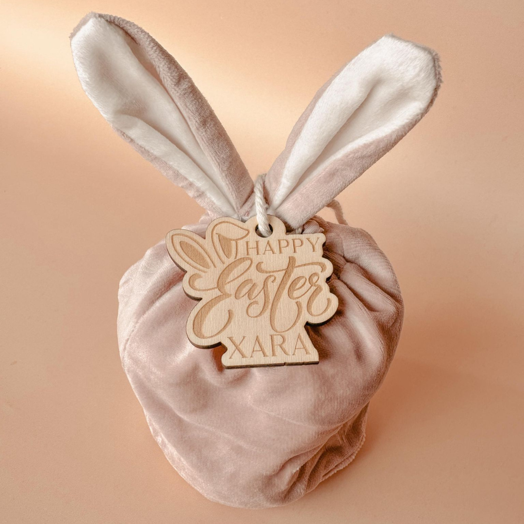 Velvet Bunny Ear Bag with Wooden Tag
